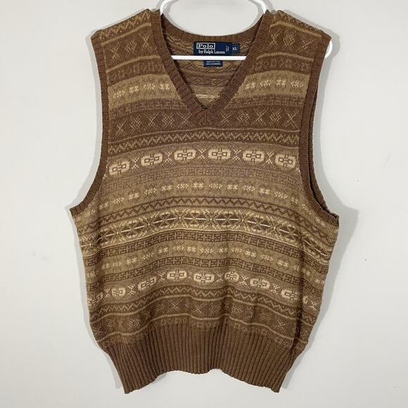 STUNNING Polo Ralph Lauren Fair Isle Sweater Vest XL Tan Brown Cotton Cashmere